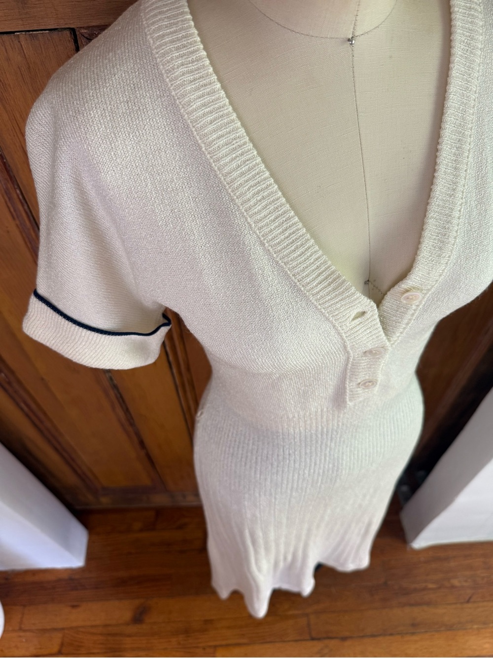 Vintage Ivory Knit Midi Dress | Preppy Ribbed Sweater Dress Soft Minimalist - Picture 8 of 8
